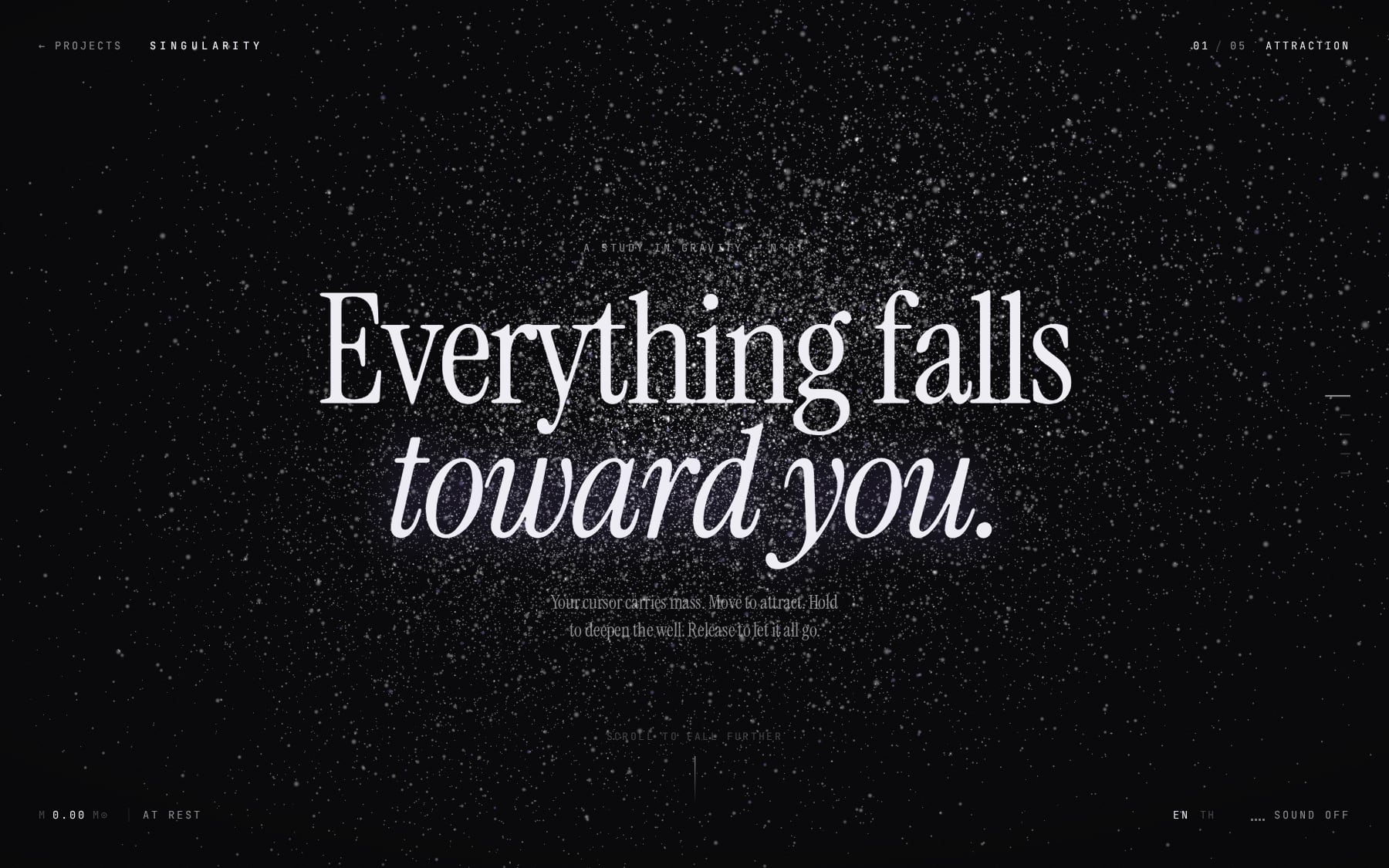 Singularity: a star field of particles around the headline Everything falls toward you