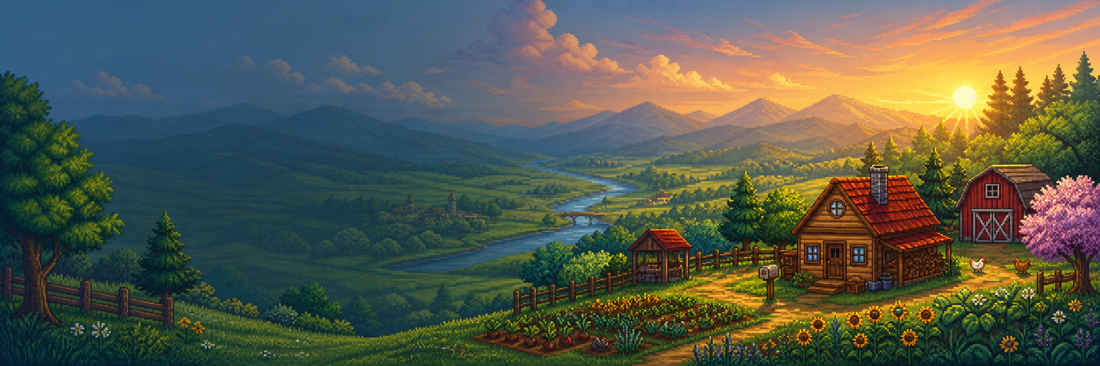 Pixel-art farm valley for Community Center year-one planner