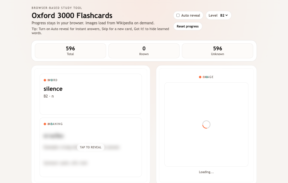 Oxford 3000 Flashcards study interface